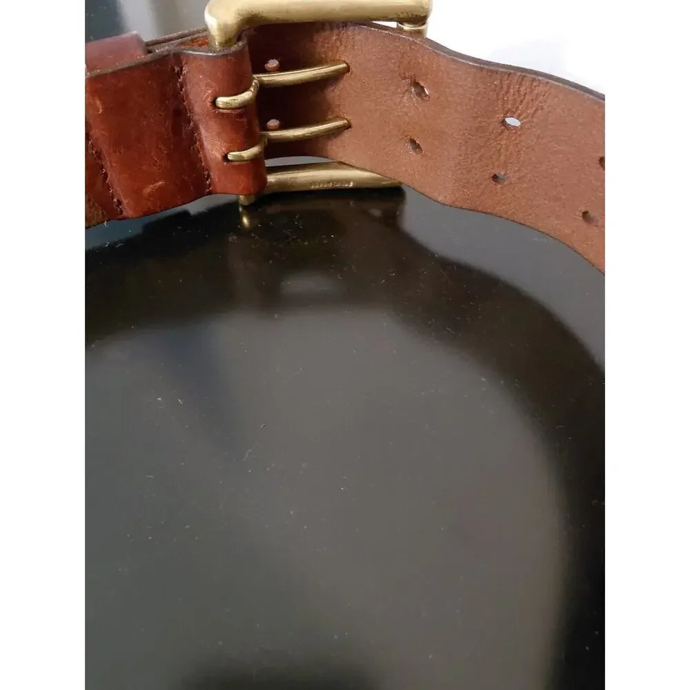 VTG Lauren Ralph Lauren Brown Leather Belt western Brass Double-Prong Buckle M